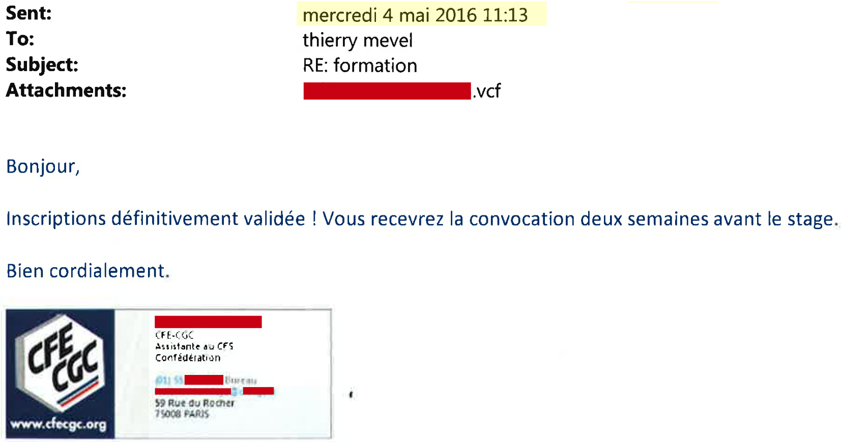 inscription validée par la CFE-CGC