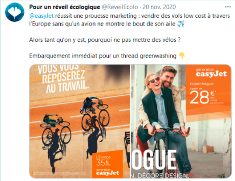 Exemple de communication greenwashing de la part de esayjet 